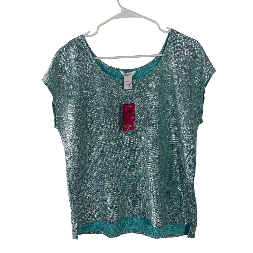 Candies Paradise Island Angel Blue Metallic Silver Foil Textured Top Large NEW